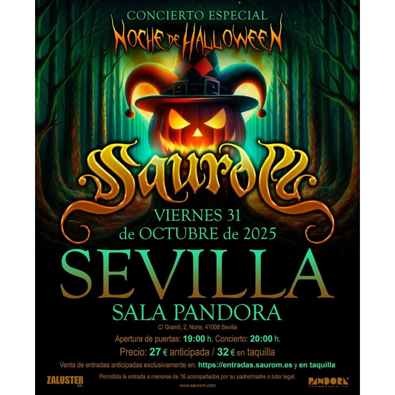 Concierto: Saurom en Pandora Sevilla 1 El viernes 31 de octubre de 2025 en la sala Pandora de Sevilla concierto especial Noche de Halloween de la banda Saurom incluido en la gira El principito. Tour 2025.