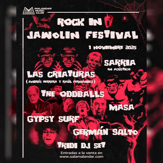 Concierto: Rock in Jawolin Festival en Sala Malandar 1 El sábado 1 de noviembre de 2025 en la Sala Malandar de Sevilla el Rock in Jawolin Festival con los conciertos de Sarria, Las criaturas, The Oddballs y más.