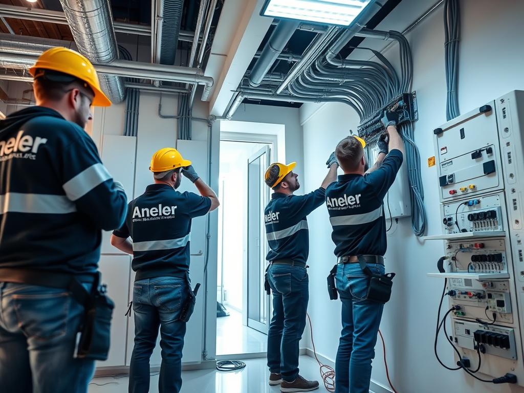 Equipo de Aneler realizando instalación eléctrica en un local comercial en Sevilla Equipo de Aneler realizando instalación eléctrica en un local comercial en Sevilla