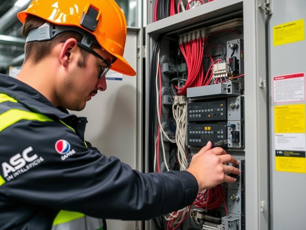 Técnico de ASC Instalaciones Eléctricas trabajando en un cuadro eléctrico industrial Técnico de ASC Instalaciones Eléctricas trabajando en un cuadro eléctrico industrial