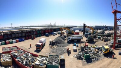 Vista panorámica de una moderna chatarrería en Sevilla con contenedores organizados y maquinaria especializada para el reciclaje de metales