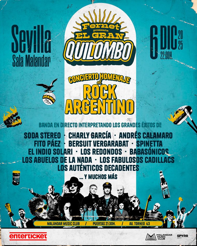 Concierto: El gran quilombo en Sala Malandar 1 El sábado 6 de diciembre de 2025 en la Sala Malandar de Sevilla habrá la cuarta edición de El gran quilombo con un concierto de canciones clásicas del rock argentino.