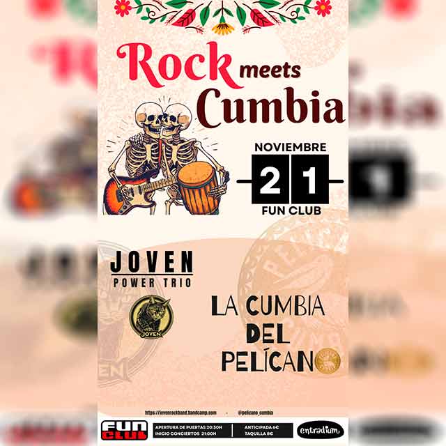 Concierto: Joven y La Cumbia del Pelícano en Sala FunClub 1 El viernes 21 de noviembre de 2025 en la sala FunClub de Sevilla habrá un concierto con las actuaciones de las bandas sevillanas Joven y La Cumbia del Pelícano.